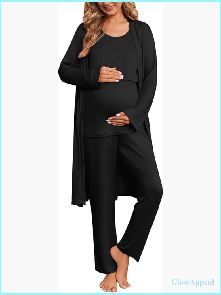 3-Piece Nursing Pajama Set Maternity Robe Postpartum Breastfeeding Pjs